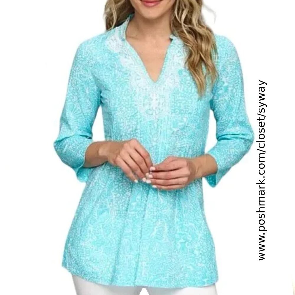 Lilly Pulitzer Aqua & White Beaded Lightweight 3/4 Sleeve Tunic